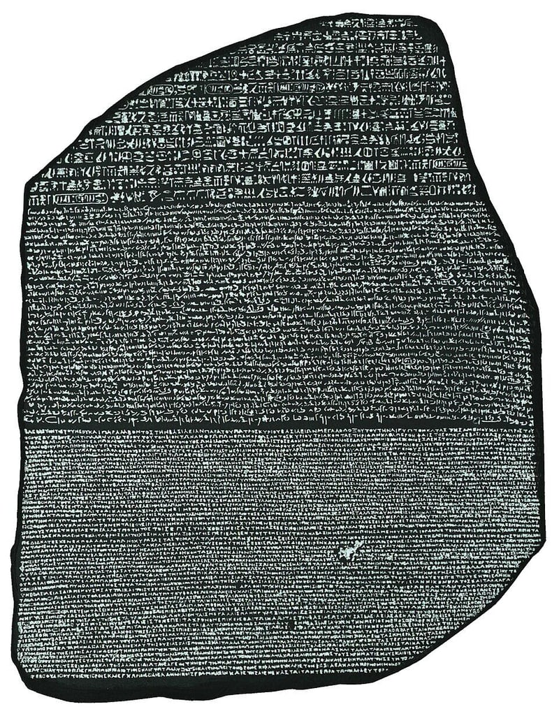 The Rosetta Stone, showing its hieroglyphic, Demotic, and Greek inscriptions